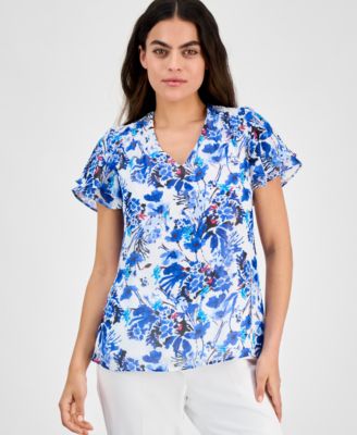 AK Anne Klein - Petite Floral Button-Down Ruffle Blouse