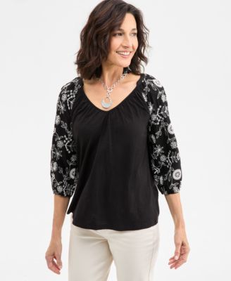 Style & Co - Women's Embroidered-Sleeve 3/4-Sleeve Top