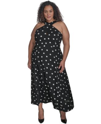 DKNY - Plus Size Polka-Dot Crisscross Halter Midi Dress