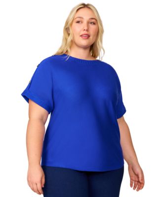 Melissa Paige - Plus Size Solid Zigzag-Trim Button-Shoulder Sweater