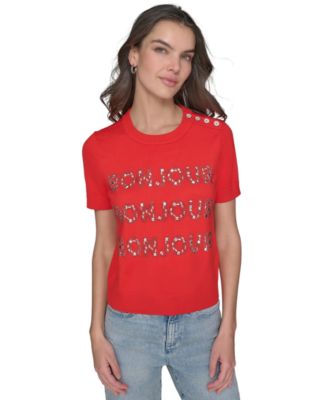 KARL LAGERFELD PARIS - Petite Crystal Bonjour Short-Sleeve Sweater