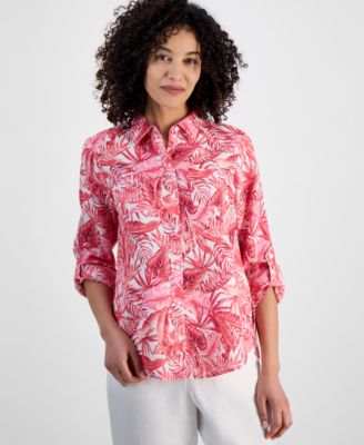 Charter Club - Petite 100% Linen Printed Button-Front Shirt
