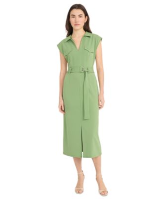 Donna Morgan - Women's Belted Split-Neck Midi Dress