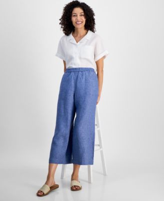Charter Club - Petite 100% Linen Wide-Leg Cropped Pants