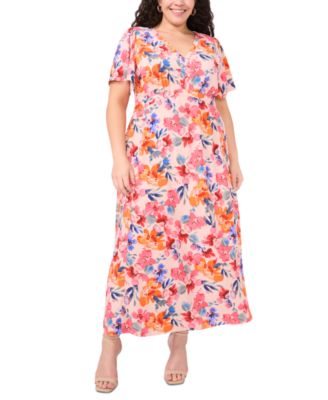 MSK - Plus Size Floral-Print Flutter-Sleeve Maxi Dress