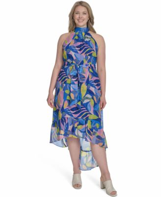 Eliza J - Plus Size Printed Chiffon High-Low Halter Dress
