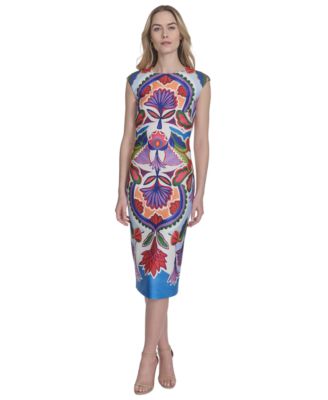 Vince Camuto - Petite Placement-Print Cap-Sleeve Midi Dress