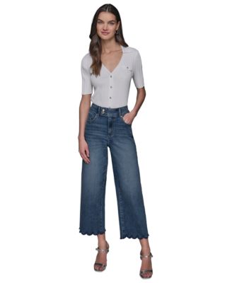 KARL LAGERFELD PARIS - Petite Scalloped-Hem Cropped Wide-Leg Jeans