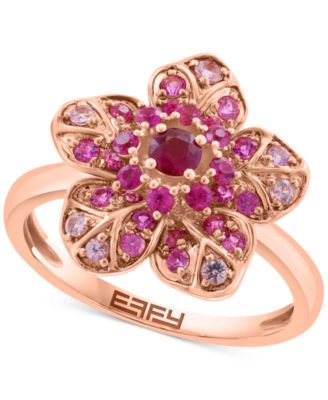 EFFY Collection - Pink Sapphire (5/8 ct. t.w.) & Ruby (1/10 ct. t.w.) Flower Ring in 14k Rose Gold