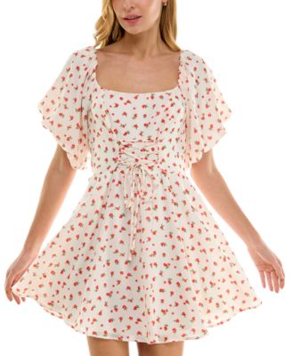 Crystal Doll - Juniors' Printed Lace-Up Bubble-Sleeve Skater Dress