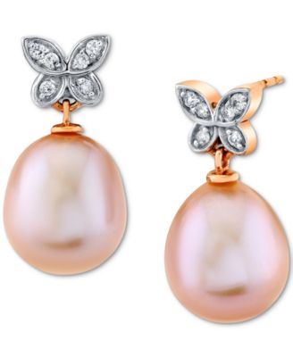 Macy's - Pink Baroque Cultured Freshwater Pearl (9mm) & Diamond (1/10 ct. t.w.) Butterfly Drop Earrings In 14k Rose Gold