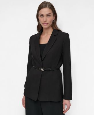 DKNY - Petite Notched Collar Belted Two-Button Blazer