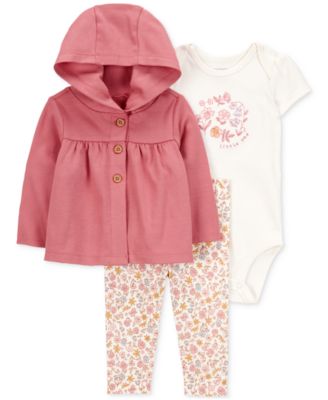 Carter's - Baby Girls Cotton Little Cardigan, Bodysuit & Floral-Print Pants, 3 Piece Set