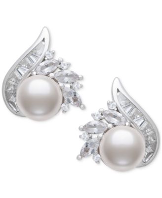 Belle de Mer - Cultured Freshwater Pearl (8-9mm) & Lab Created White Sapphire (2 ct. t.w.) Mixed Cut Swirl Stud Earrings in Sterling Silver