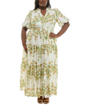 Taylor - Plus Size Floral Split-Neck Puff-Sleeve Maxi Dress
