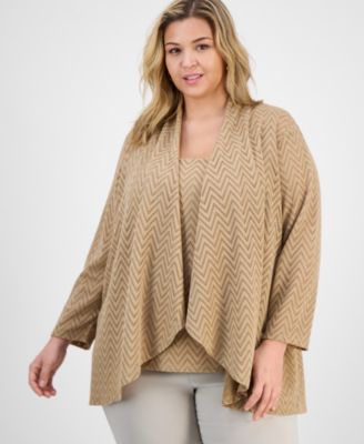 Kasper - Plus Size Herringbone Knit High-Low Cardigan