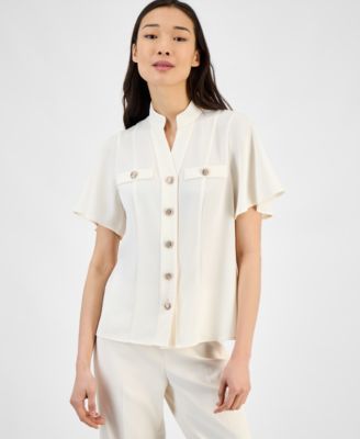 Anne Klein - Petite High-Neck Button-Front Short-Sleeve Top
