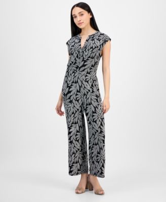 AK Anne Klein - Petite Leaf-Print Cropped Wide-Leg Pull-On Pants