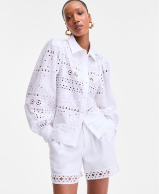 I.N.C. International Concepts - Women's Cotton Eyelet Blouson-Sleeve Blouse