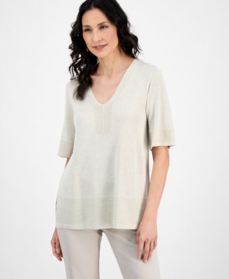 JM Collection - Women's V-Neck Short-Sleeve Shimmer Sweater