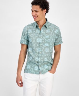 Sun + Stone - Men's Avon Short Sleeve Medallion Print Linen Blend Button-Front Shirt