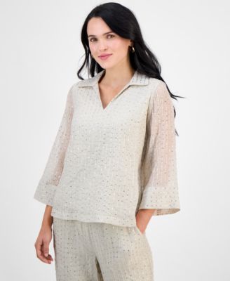 JM Collection - Petite Sequinned Split-Neck 3/4-Sleeve Top