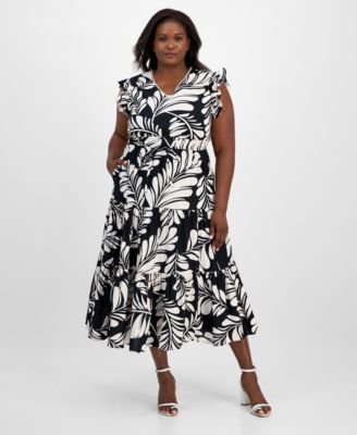 Anne Klein - Plus Size Printed V-Neck Ruffled Midi Dress