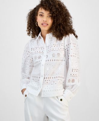 I.N.C. International Concepts - Petite Cotton Eyelet Button-Front Top
