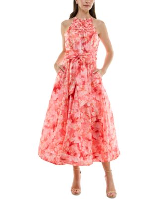 Taylor - Women's Floral Organza Tie-Waist Halterneck Dress