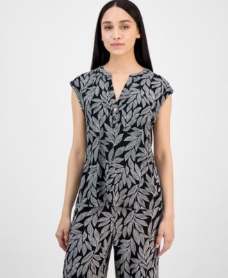 AK Anne Klein - Petite Leaf-Print Cap-Sleeve V-Neck Blouse