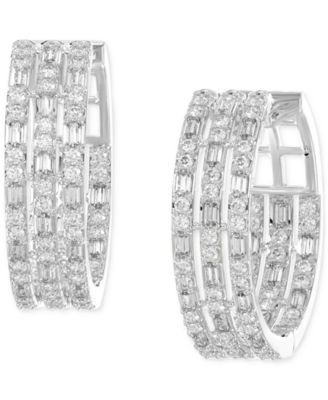 Macy's - Diamond Round & Baguette Triple Row Small Huggie Hoop Earrings (1/2 ct. t.w.) in 14k White Gold