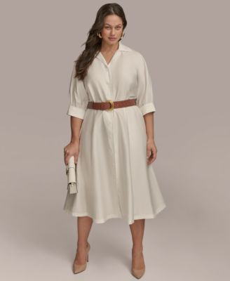 Donna Karan New York - Women's Cotton Belted 3/4-Sleeve Shirtdress