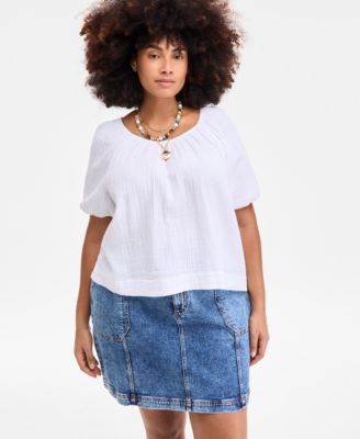 On 34th - Plus Size Cotton Gauze Scoop-Neck Puff-Sleeve Top