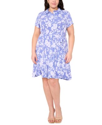 MSK - Plus Size Printed Tie-Waist Short-Sleeve Shirtdress