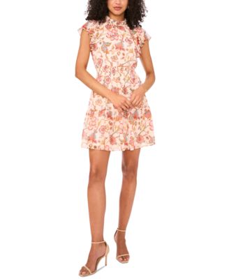 MSK - Petite Floral-Print Flutter-Sleeve Smocked-Waist Dress