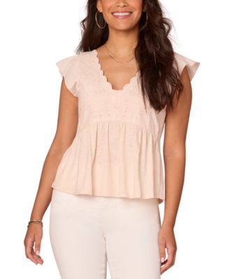 Democracy - Women's Cotton Flutter-Sleeve Embroidered Mix Media Top