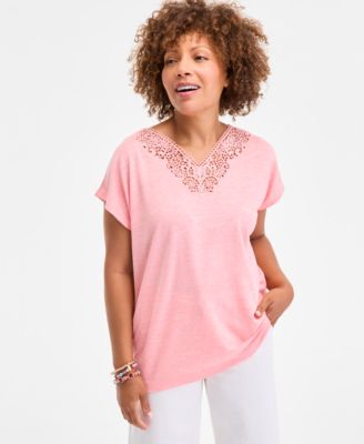 Style & Co - Women's Lace-Trim V-Neck Short-Sleeve T-Shirt