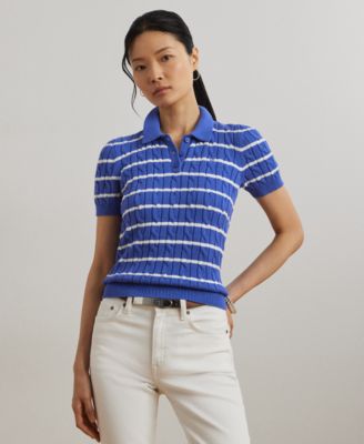 Lauren Ralph Lauren - Petite Striped Cable-Knit Cotton Polo Sweater