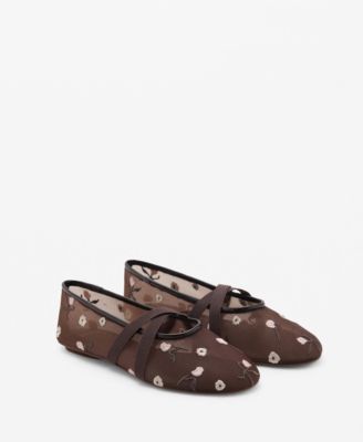 MANGO - Women's Cross Straps Embroidered Flowers Ballerinas Shoes
