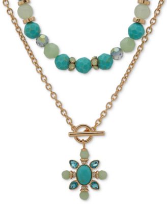 Anne Klein - Gold-Tone Mixed Stone & Bead Flower Layered Pendant Necklace, 16" + 3" extender