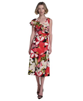Halston - Women's Printed Asymmetric Ruffled Midi Dress