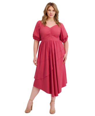 Siena - Plus Size Puff-Sleeve Asymmetric-Hem Midi Dress