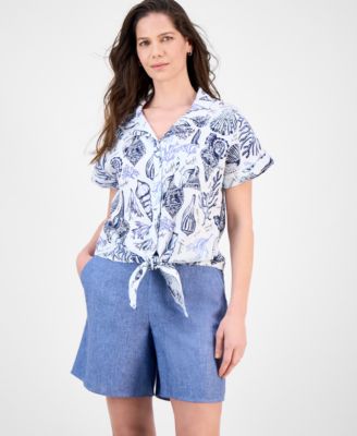 Charter Club - Women's Printed 100% Linen Tie-Front Top, Exclusively at Macy's