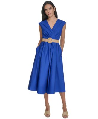 Jessica Howard - Petite Cotton V-Neck Belted Midi Dress