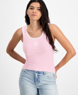 Just Polly - Juniors' Gingham Heart Patch Lace-Trim Top