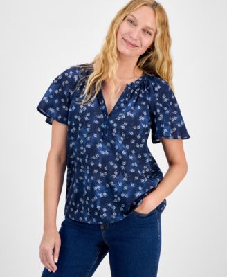 Style & Co - Petite Printed Split-Neck Flutter-Sleeve Top