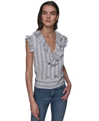 KARL LAGERFELD PARIS - Women's Stripe-Print Ruffled Blouse