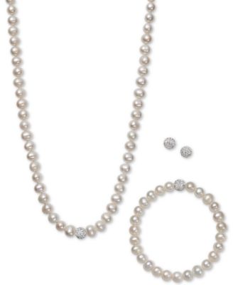 Belle de Mer - White, Gray or Pink Cultured Freshwater Pearl (7mm) and Crystal Collar Jewelry Set