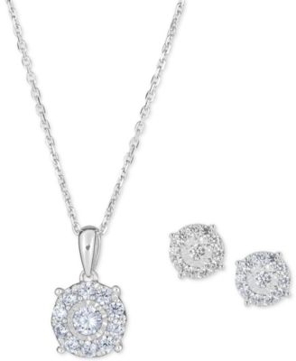 Macy's - 2-Pc. Diamond (1 ct. t.w.) Halo 18" Pendant Necklace & Matching Stud Earring Set in 14k Gold