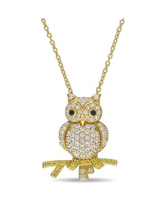 Macy's - Lab Grown White and Yellow Sapphire (1 1/3 ct. t.w.) Black Spinel Accent Owl Necklace in 18k Gold Over Sterling Silver